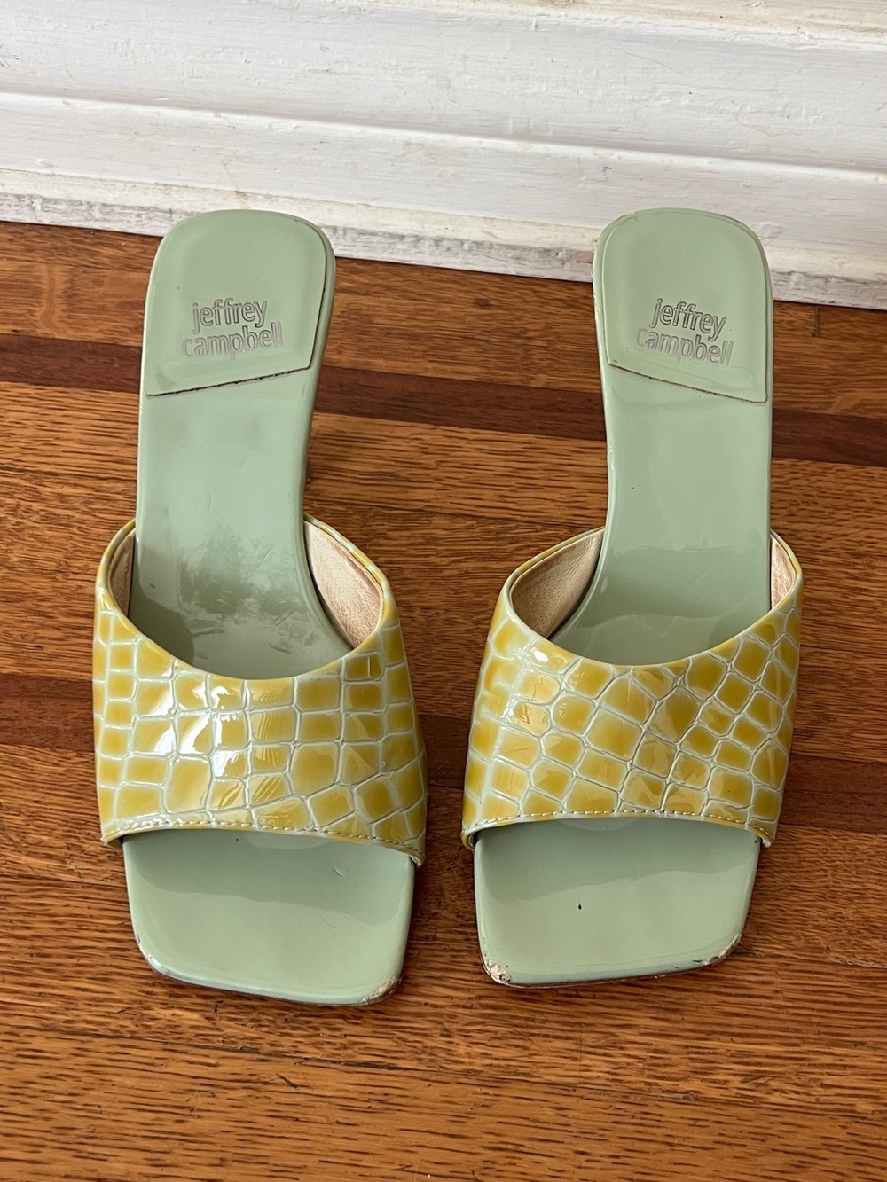 Jeffrey Campbell Pale Green Slide Sandals with Yellow Croc-Embossed Strap
